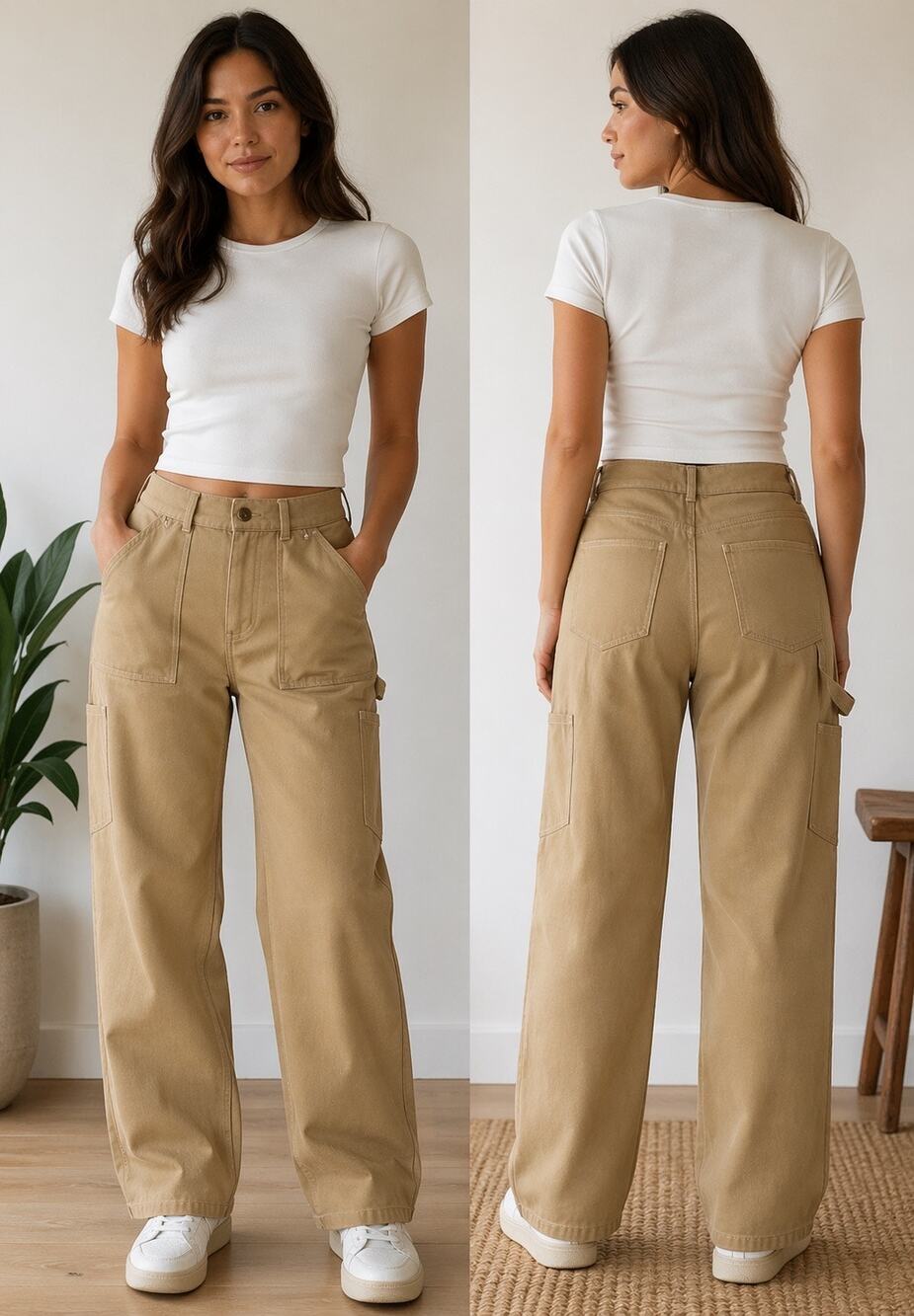 Sky to moon beige khaki denim high rise cargo utility jeans small NWOT tall girl